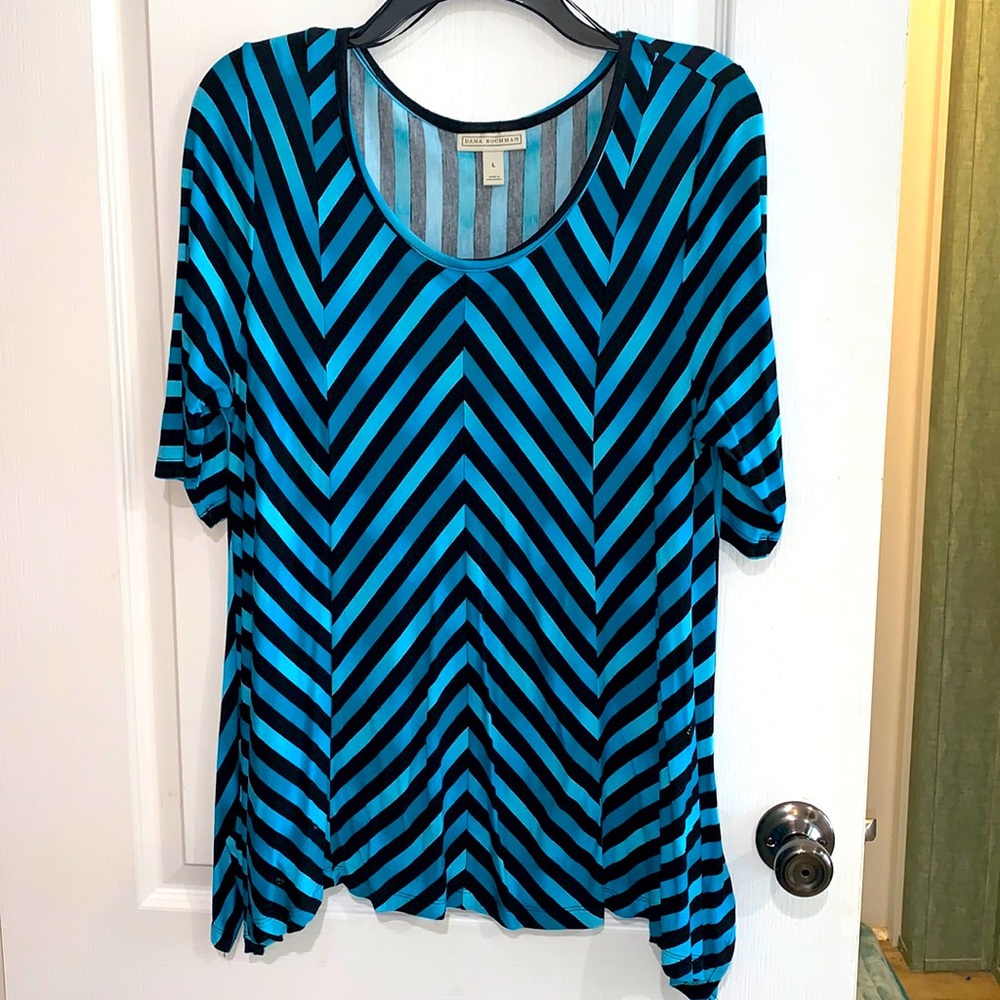 Large Dana Buchman teal and black striped blouse with flared sides.